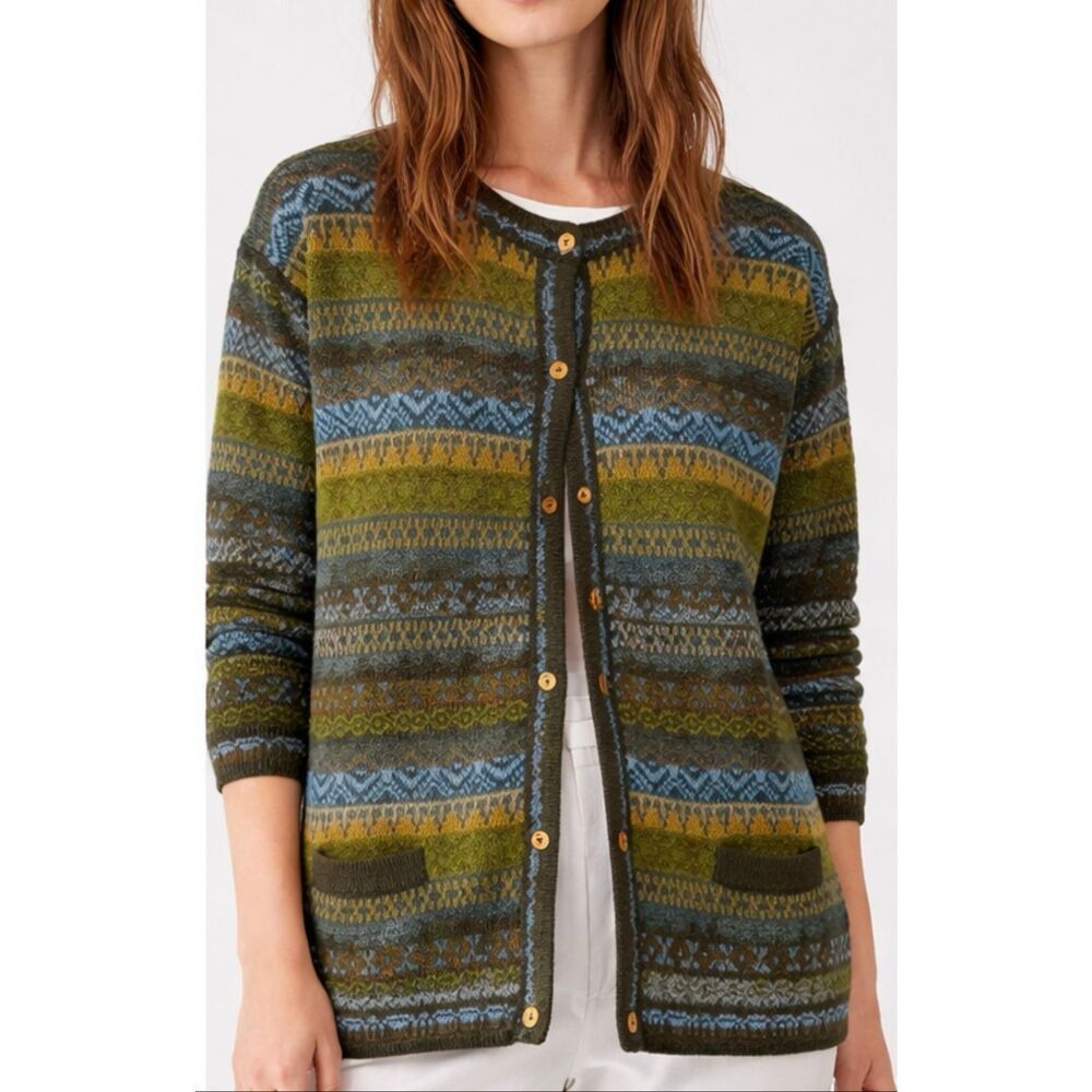 American South Side Made in Peru Alpaca green striped cardigan large
